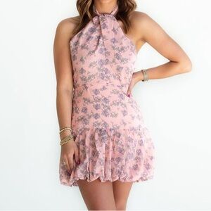 Floral Halter Neck Pink Dress